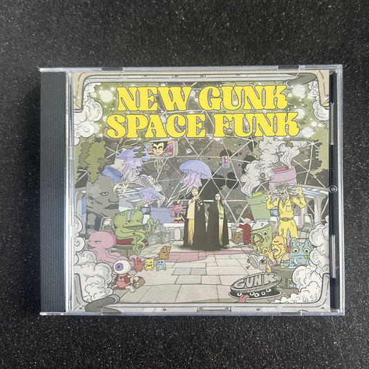 CD cover of New Gunk Space Funk's debut EP, "ARRIVAL", featuring two men wearing black cloaks amid a colorful array of illustrated aliens.